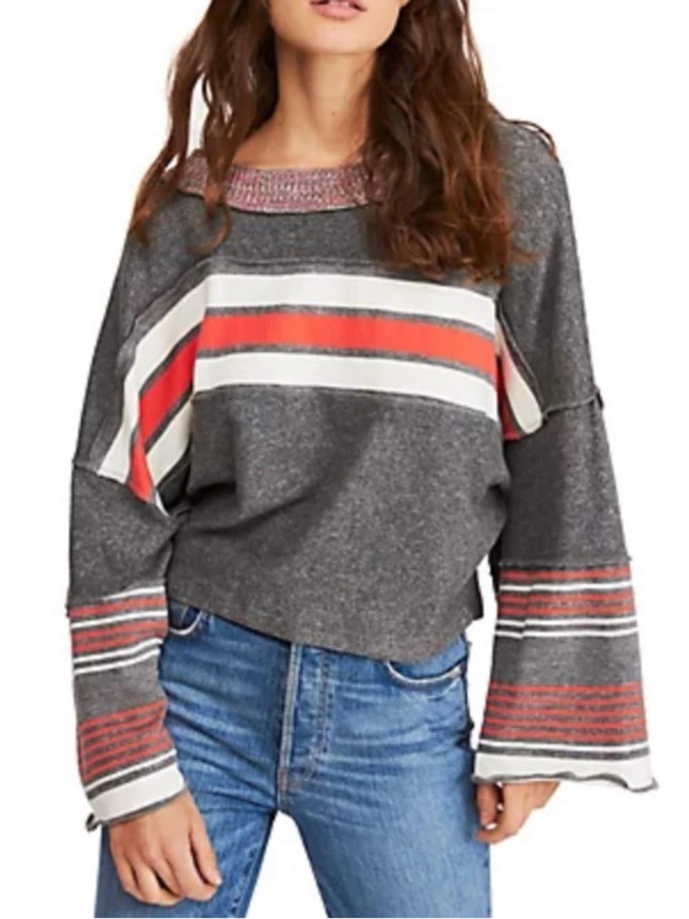 Free People Cooper Oversized Striped Bell Sleeves Color Block Cropped Top